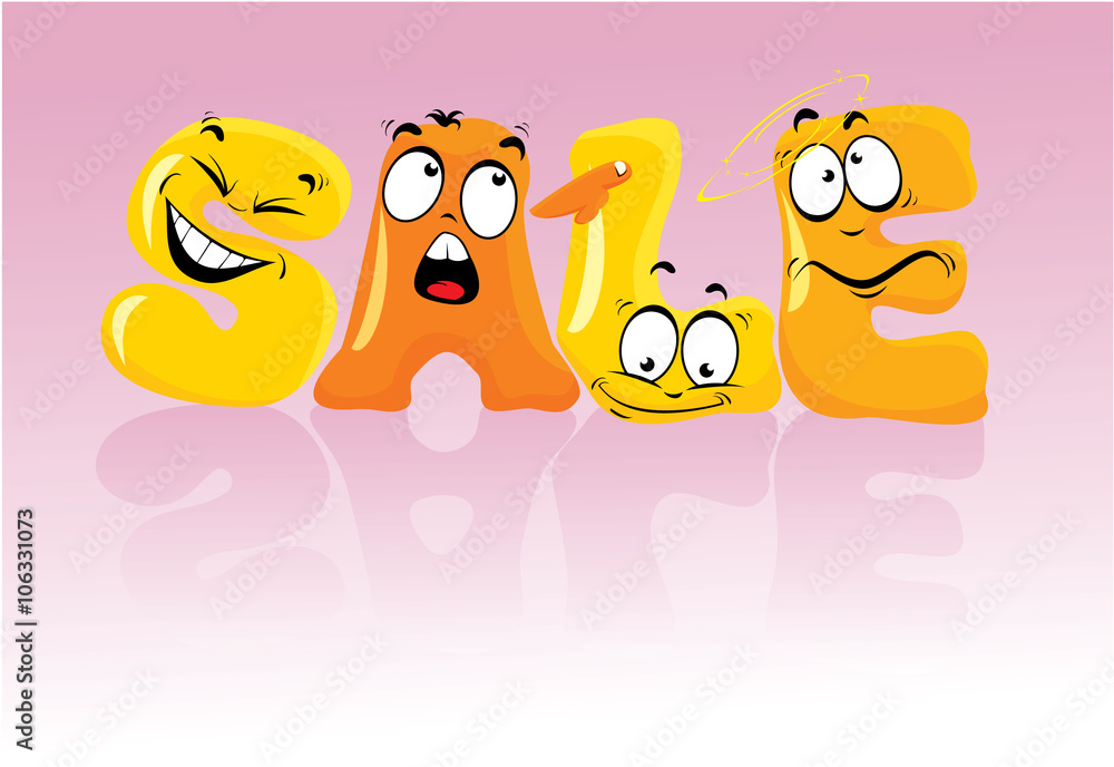 Fototapeta premium Word SALE in comic style, letters with Cartoon emotions faces