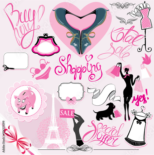 Set of Silhouettes of glamor clothes and accessories, frames, ca