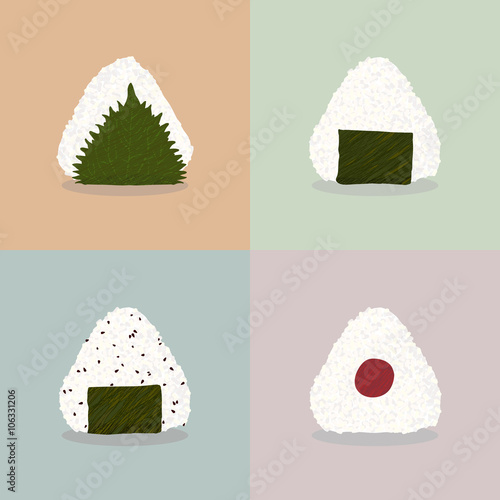 Four types of onigiri (Rice balls). Japanese cuisine. Illustration. Lunch. Onigiri filled with shiso leaf, nori seaweed, nori seaweed and sesame seeds, pickled plum. Can be used as seamless pattern.