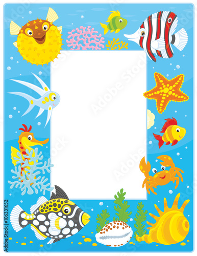 Vector vertical frame border with colorful tropical fishes, a crab, a starfish, a seahorse and shells