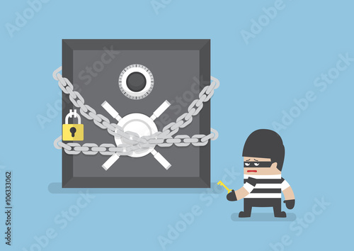 Thief standing in front of safe box with chain and lock