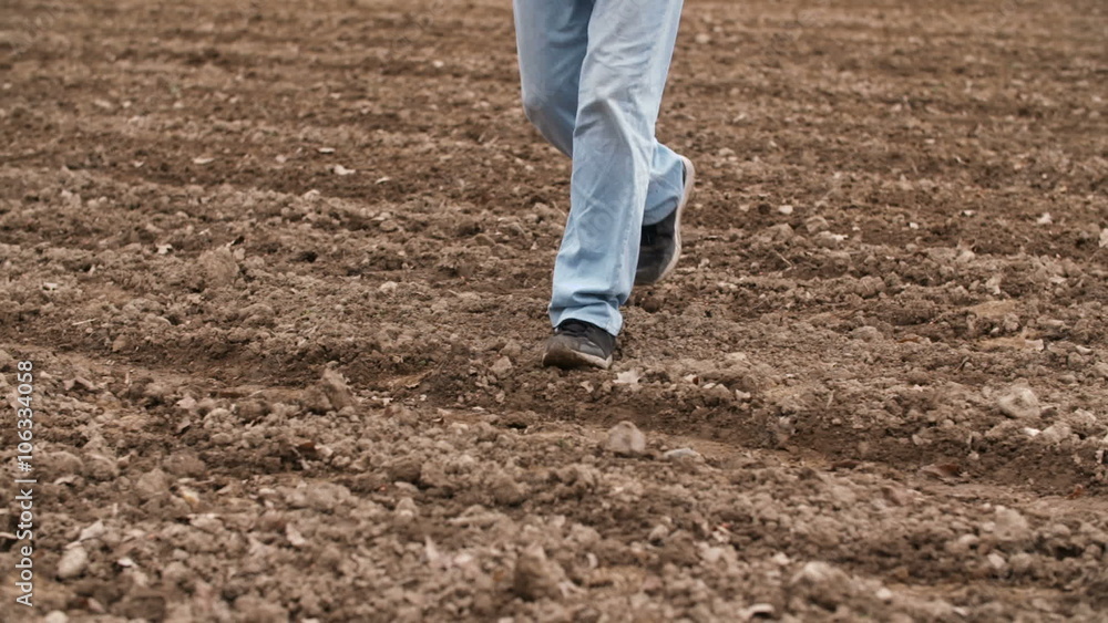 Farmer walking on farm land, planning new seeding season Farmer walking on farm land, planning new seeding season
