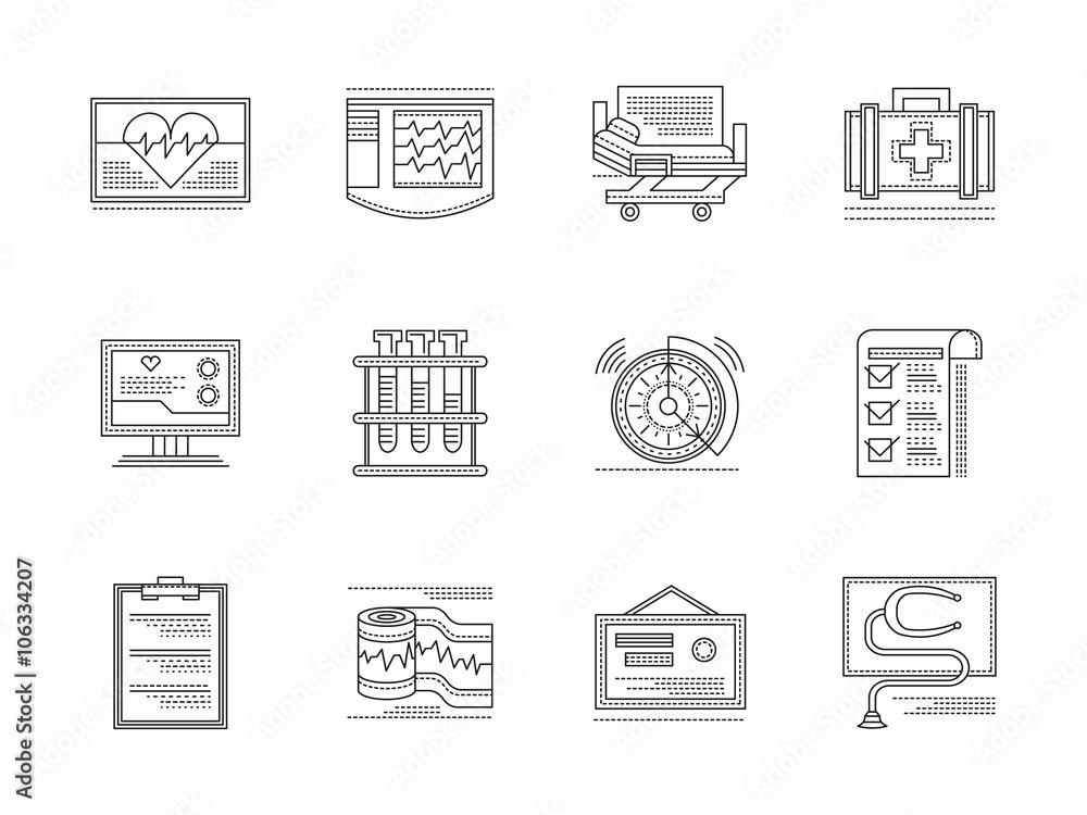 Cardiology elements linear vector icons set Cardiology elements linear vector icons set