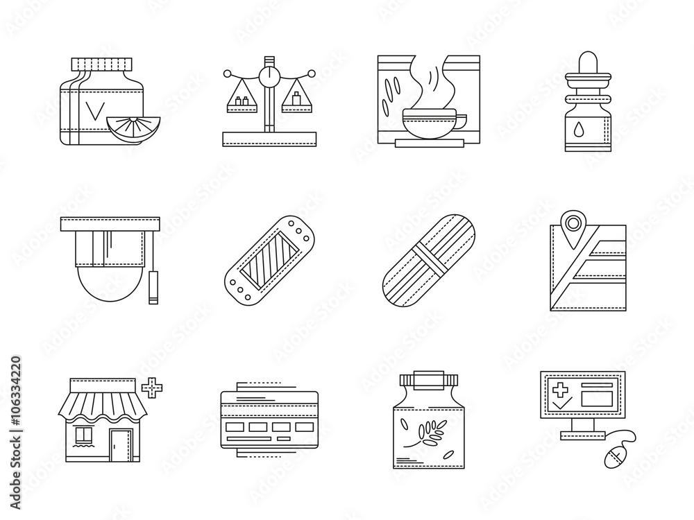 Pharmacy flat line vector icons set Pharmacy flat line vector icons set
