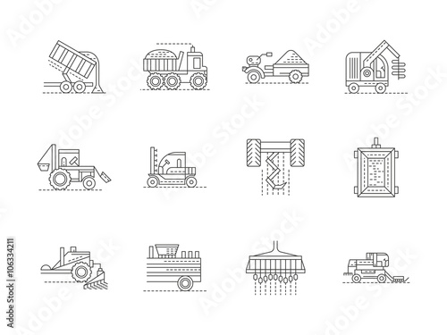 Agricultural machinery linear vector icons set