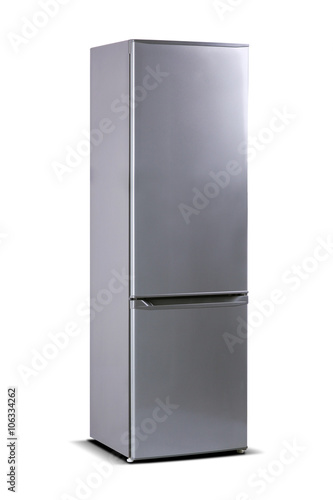 Gray steel refrigerator isolated on white, fridge freezer
