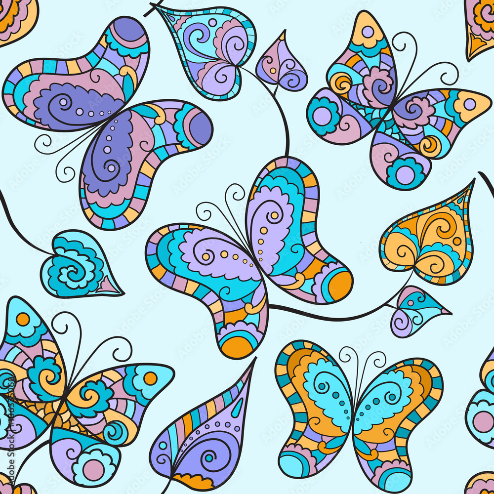 Seamless pattern with lace butterflies and leaves