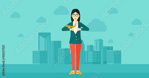 Business woman taking off jacket.