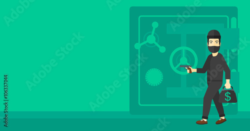 Robber with gun near safe.