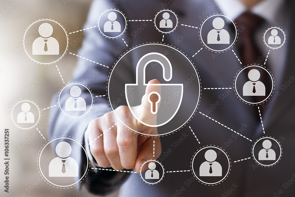 Businessman pushing button lock web security virtual Businessman pushing button lock web security virtual