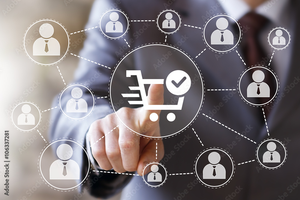 Businessman pushing web button shopping cart online Businessman pushing web button shopping cart online