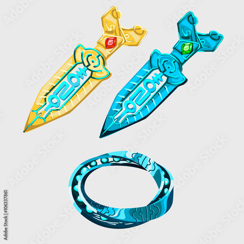 Two fantasy sword with runes and magical bracelet