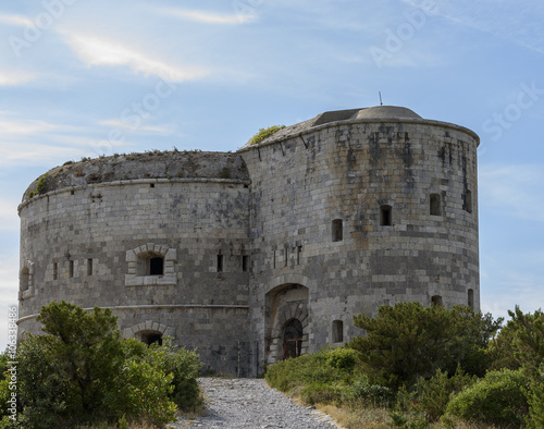 Fototapeta Naklejka Na Ścianę i Meble -  Punta di Arza is an Austro-Hungarian fort at the Cape of Miriste. Adriatic Sea