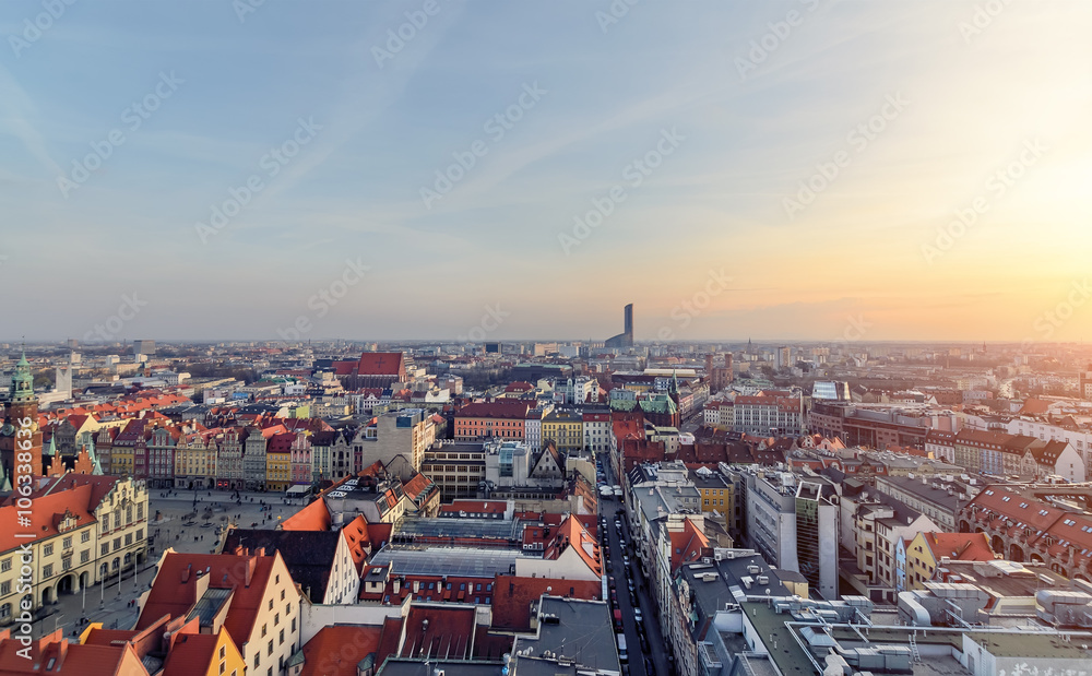 Urban buildings of the Wroclaw city at sunset, Poland