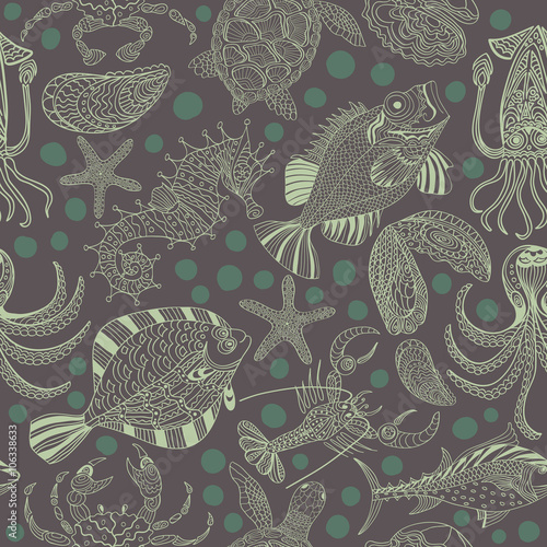 Seamless texture of a seafood. Vector background with a sketchy