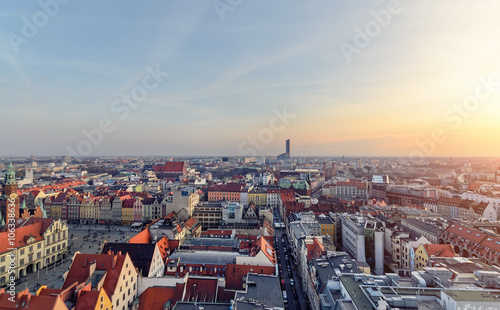Urban buildings of the Wroclaw city at sunset, Poland