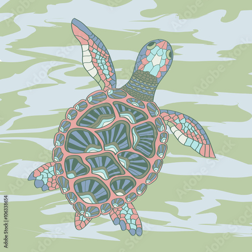 sketchy sea turtle in cartoon style on the background of sea wav