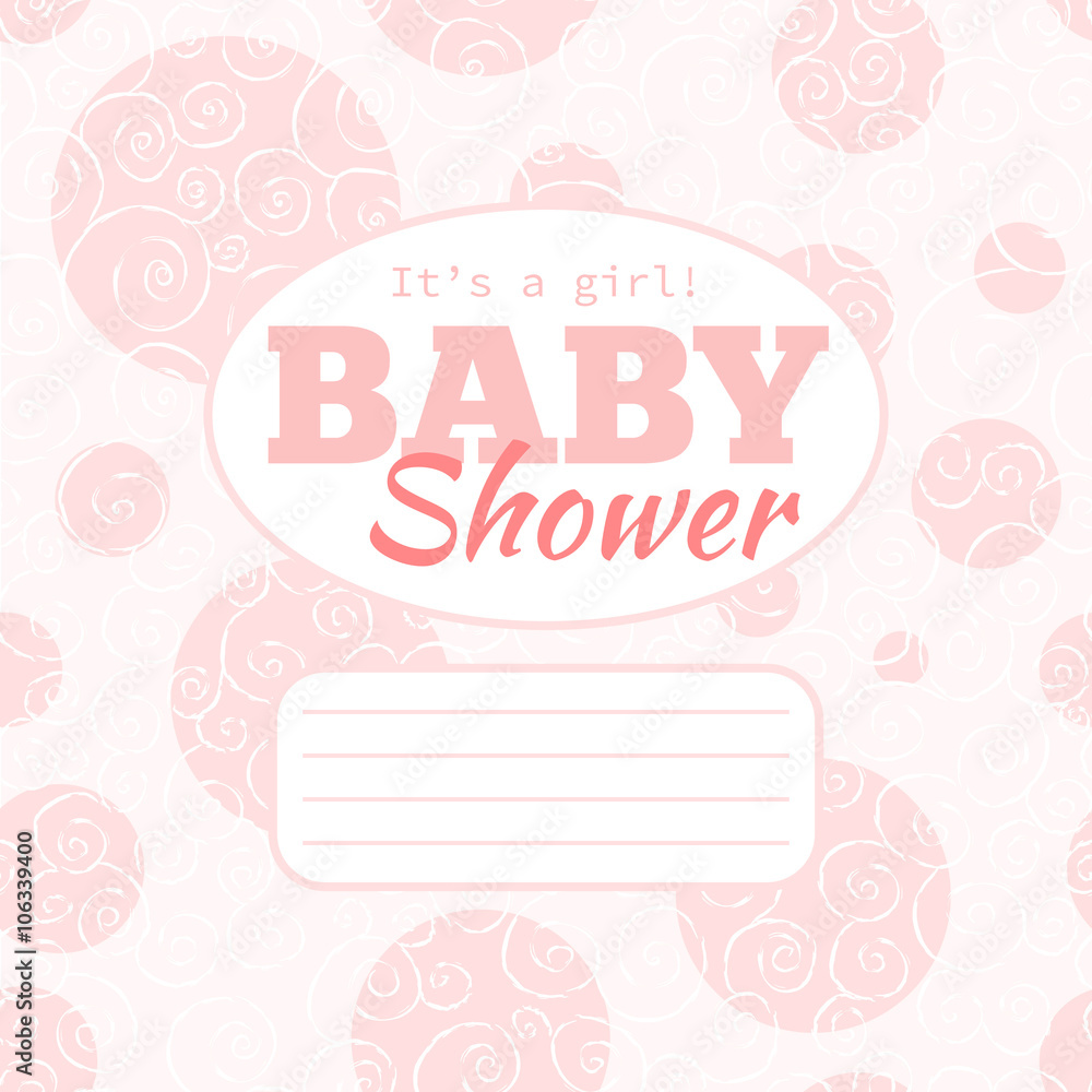 Vector pink baby shower party invitation (baby girl) with doodled swirls and empty space for text. Background is seamless pattern, may be used separately for other printed works. 