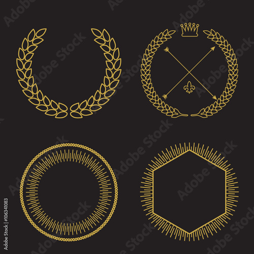 Vector set of outline emblems and badges - abstract linear hipster logo templates with arrows, wreaths and copy space for text