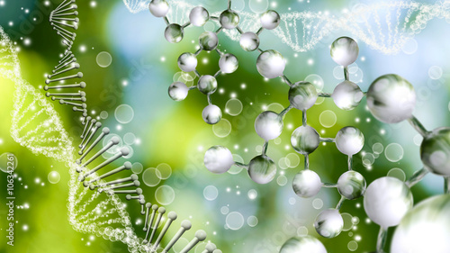 Image of molecular structure and chain of dna on a green background close-up