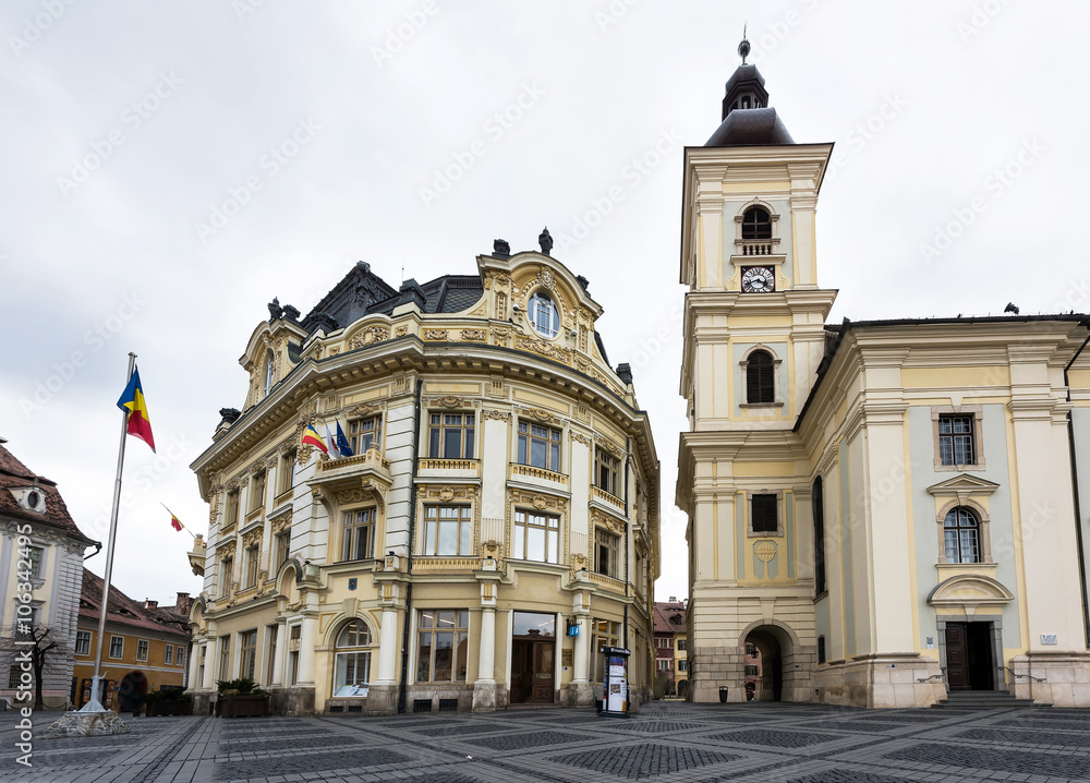 Sibiu city downtown with cloudy sky in Romania