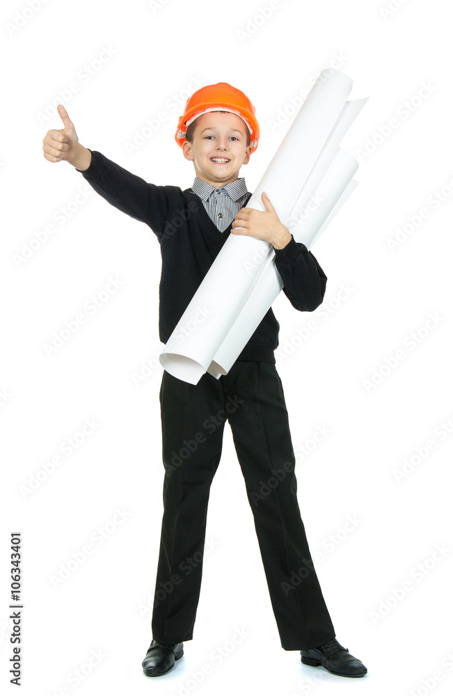 the boy in the construction helmet with drawings the boy in the construction helmet with drawings