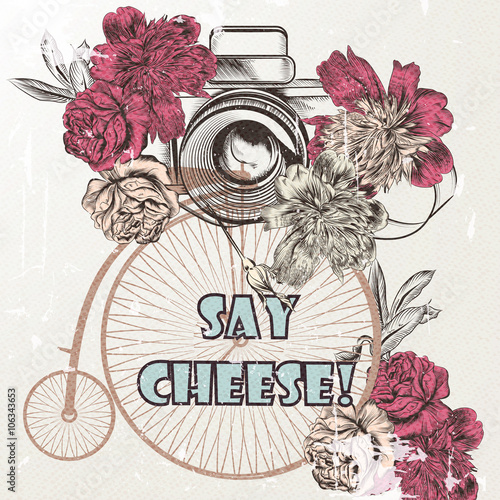 Hipster fashion background with old stylish camera and bicycle