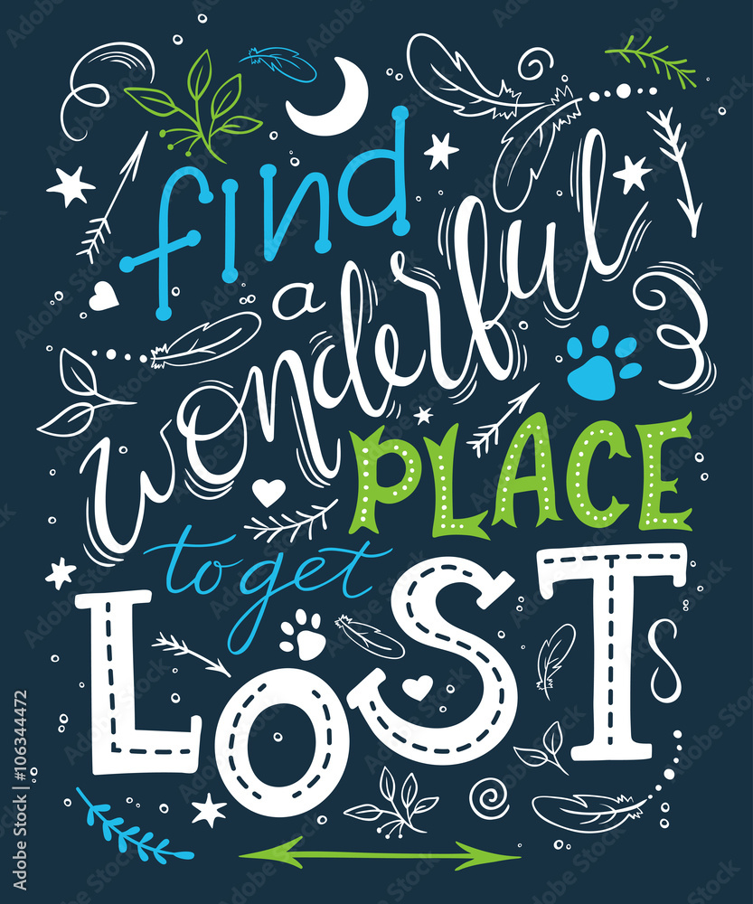 vector hand drawn inspiration lettering quote - find a wonderful place to get lost. Can be used as a motivation card, a print on t-shirts and bags or as a poster