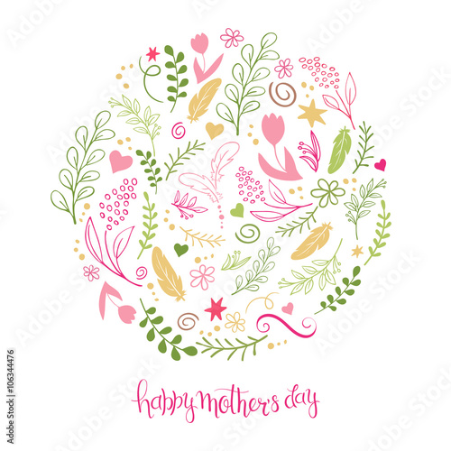 vector hand drawn mothers day lettering with branches, swirls, flowers and quote - happy mothers day. Can be used as mothers dar card or poster