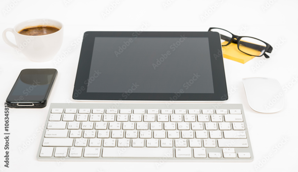 Digital tablet touch pad computer with keyboard, mouse and coffe Digital tablet touch pad computer with keyboard, mouse and coffe
