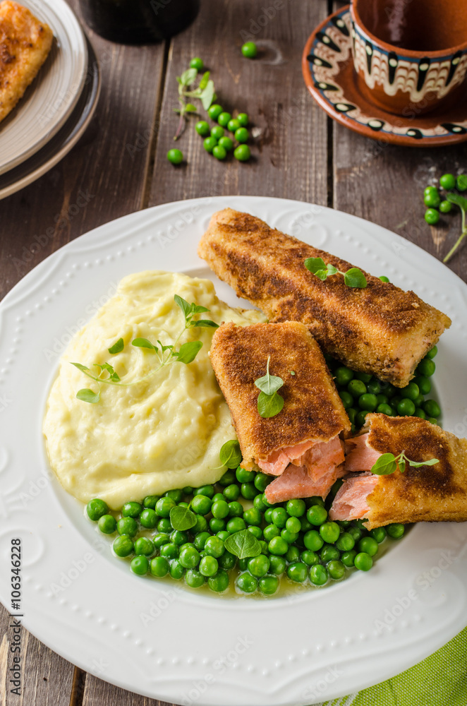 Fried salmon with mashed potato and vegetable Fried salmon with mashed potato and vegetable