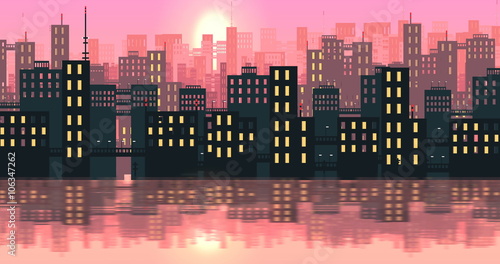 An Animated City Harbor Pan Showing Tall Buildings with Reflection 