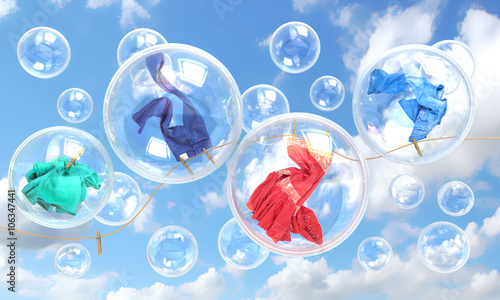 Photo things falling in soap bubbles concept of clean washing and fres
