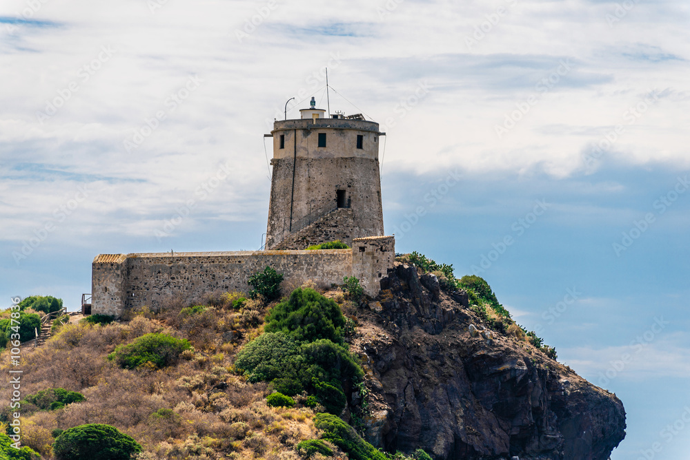 Ancient San Elfisio tower, Sardinia, near ruined ancient Nora city, Pula, Sardegna, Italy.