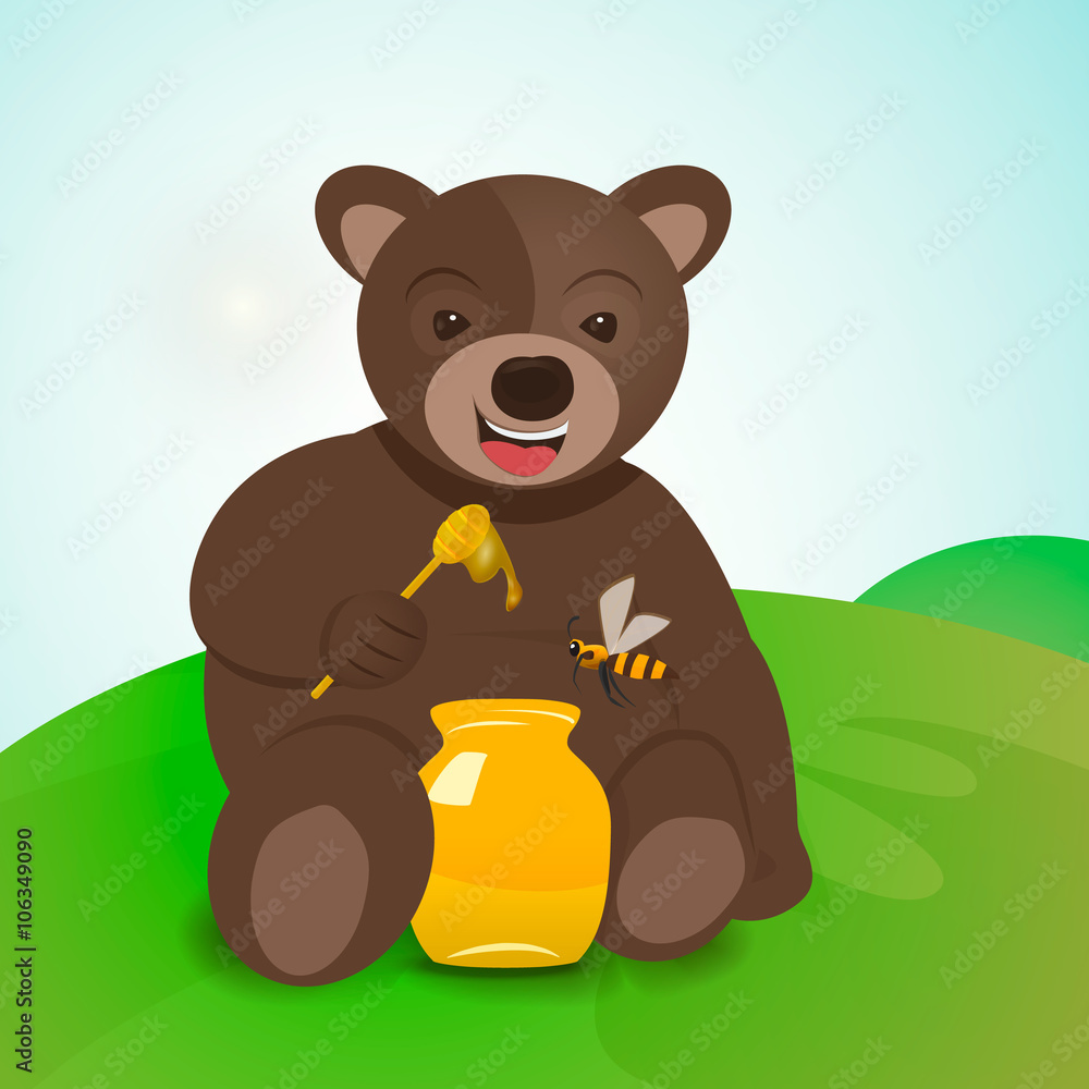 Obraz premium Teddy bear sitting on the grass and eating honey.
