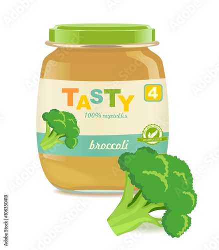 Glass jar with broccoli baby food