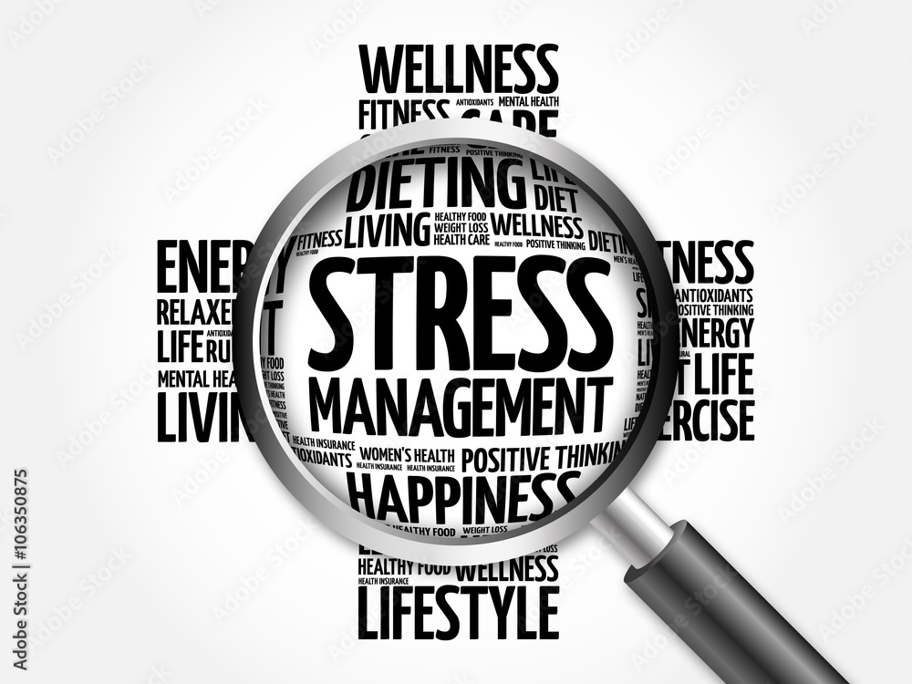 Stress Management word cloud with magnifying glass, health concept Stress Management word cloud with magnifying glass, health concept