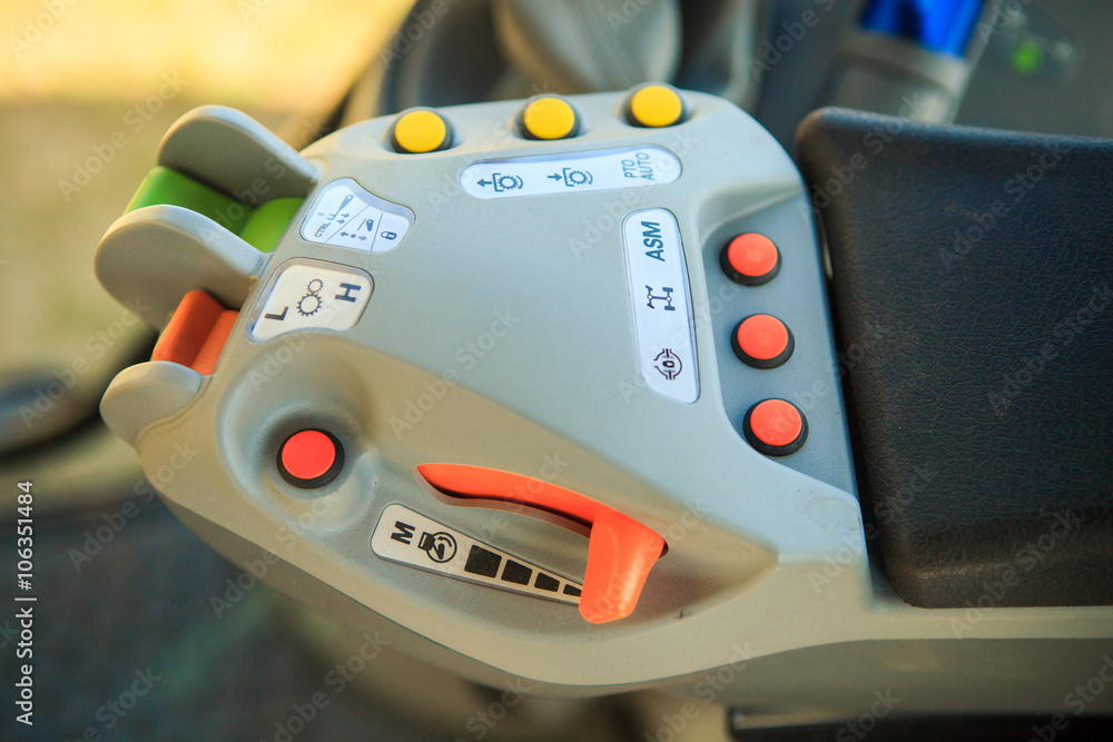 closeup instrument panel in tractor cabin