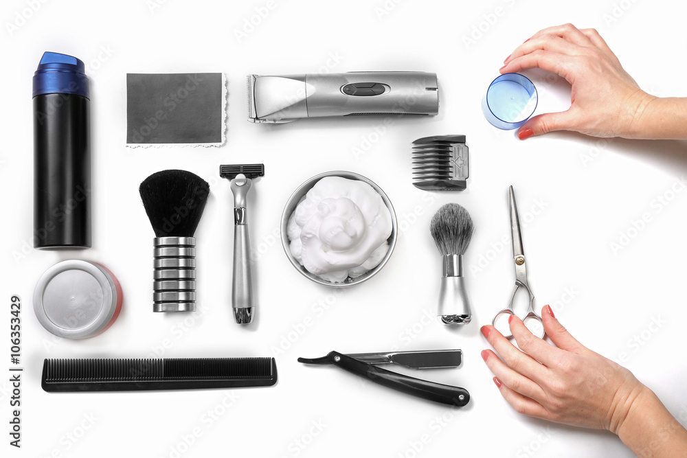 Female hands, black photo, shaving set with equipment, tools and foam, isolated on white