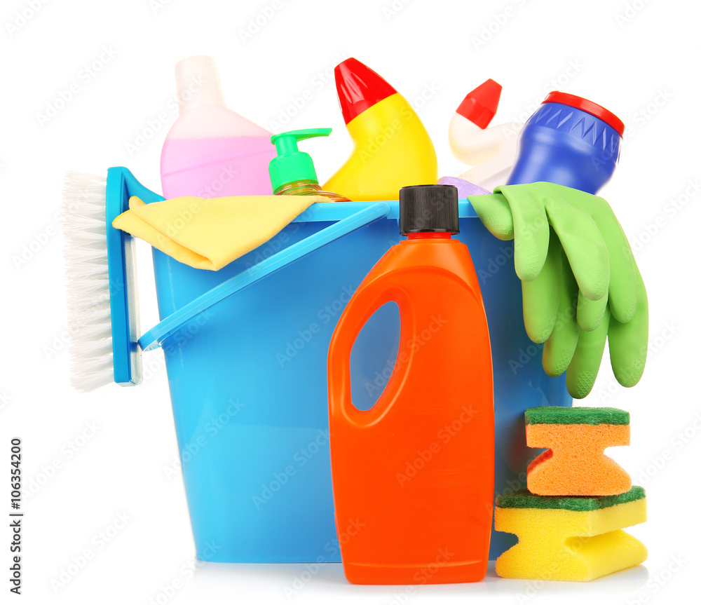 Cleaning set with tools and products in plastic bucket, isolated on white Cleaning set with tools and products in plastic bucket, isolated on white