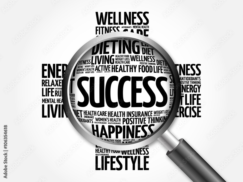 SUCCESS word cloud with magnifying glass, health concept SUCCESS word cloud with magnifying glass, health concept
