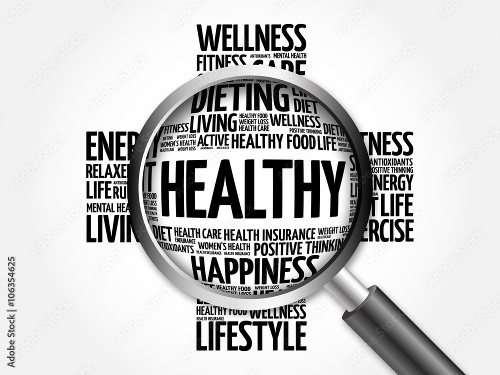 HEALTHY word cloud with magnifying glass, health concept HEALTHY word cloud with magnifying glass, health concept
