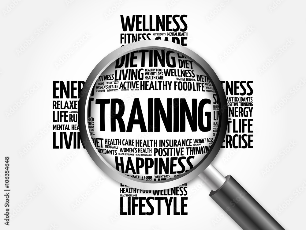 TRAINING word cloud with magnifying glass, health concept TRAINING word cloud with magnifying glass, health concept