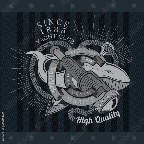Whale With Cross Harpoons And Spyglass with Rays Behinde. Sea Vintage Label On Blackboard