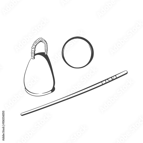 Black and white  illustration of Musical instruments caxixi, baqueta, and dobrao, traditional capoeira instruments.