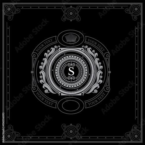 Round shield with floral wreath monogram template for letter S. Elegant line ornament frame. White on black