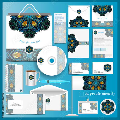 White wedding corporate identity template with brown circle pattern element. Business mock-up with logo