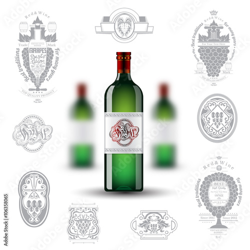 Three realistic mock up green bottle of wine and set of silhouette labels on white background. Vector illustration one bottle sharp and two bottles depth of field