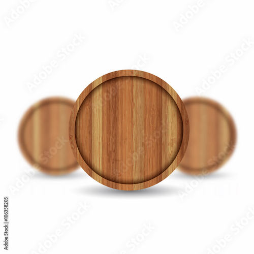 Three realistic mock up wood barrel on white background. Vector illustration one barrel sharp and two barrels depth of field