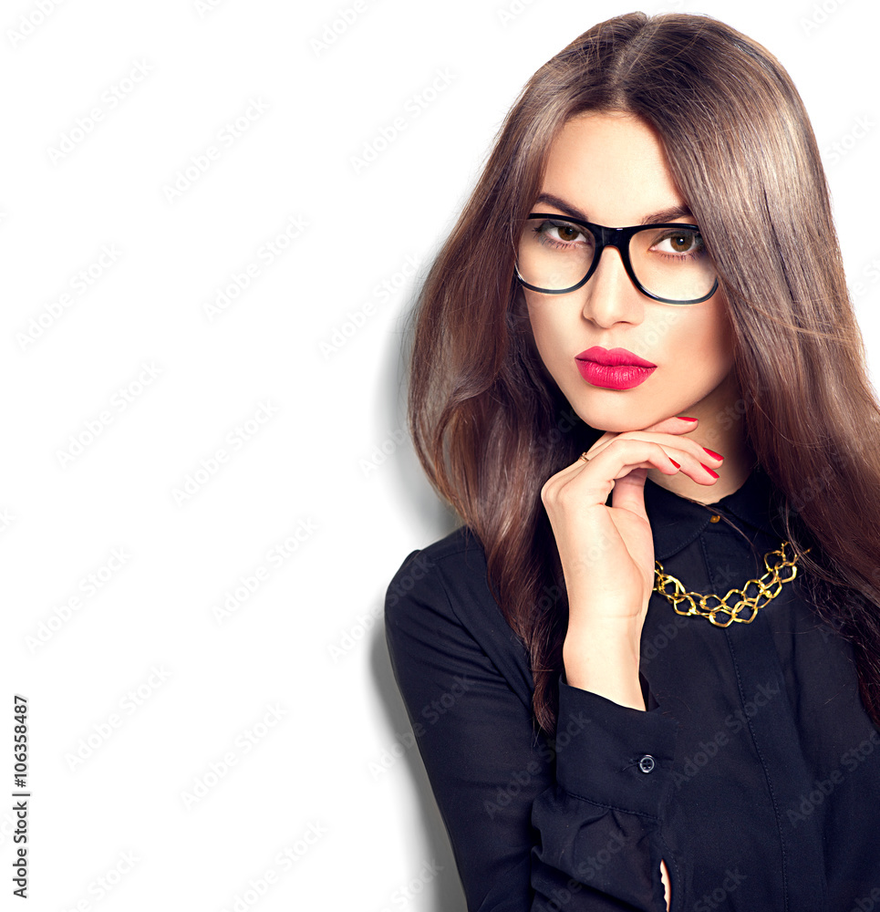 Foto de Beauty sexy fashion model girl wearing glasses, isolated on white  background do Stock